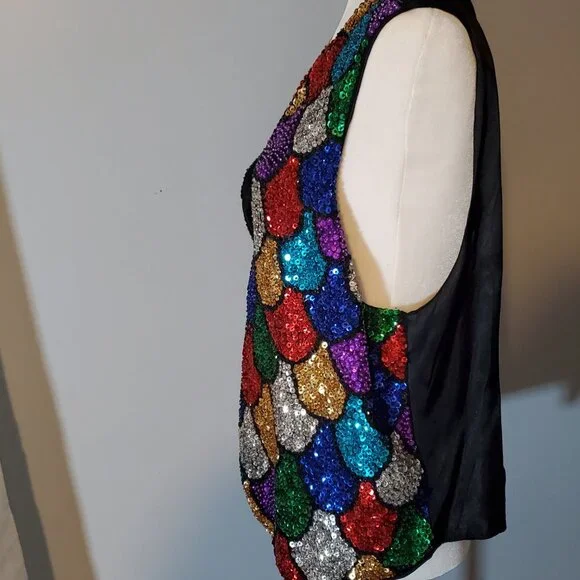 Vintage Venezia Sequins Multi Colored Bling Beaded Vest Rainbow Colors Dopamine - Picture 7 of 12